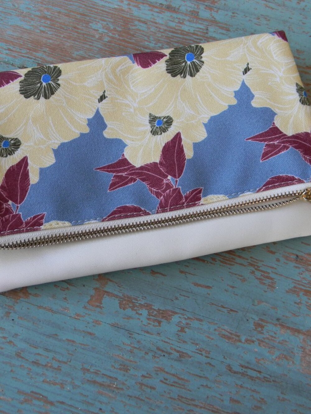 Rachel Pally LARGE Zip Top Floral Canvas Leather Pouch Clutch Handbag